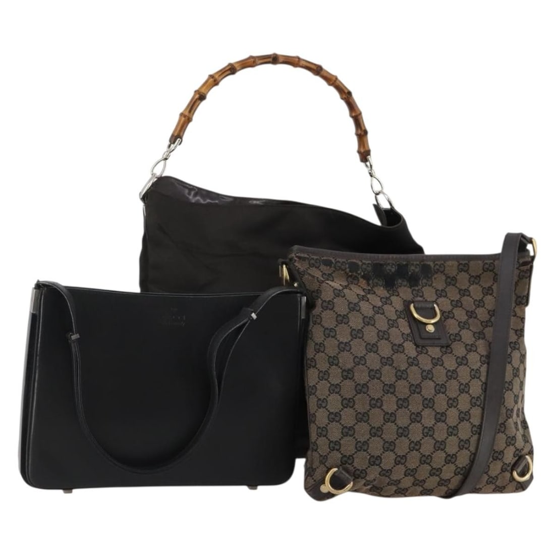Gucci bamboo shoulder bag 3 piece set GG canvas leather brown black: Gucci bamboo shoulder bag 3 piece set GG canvas leather brown black A Gucci shoulder bag set in brown and black GG Canvas with leather accents, made in Italy. This special set sale is offered as shown