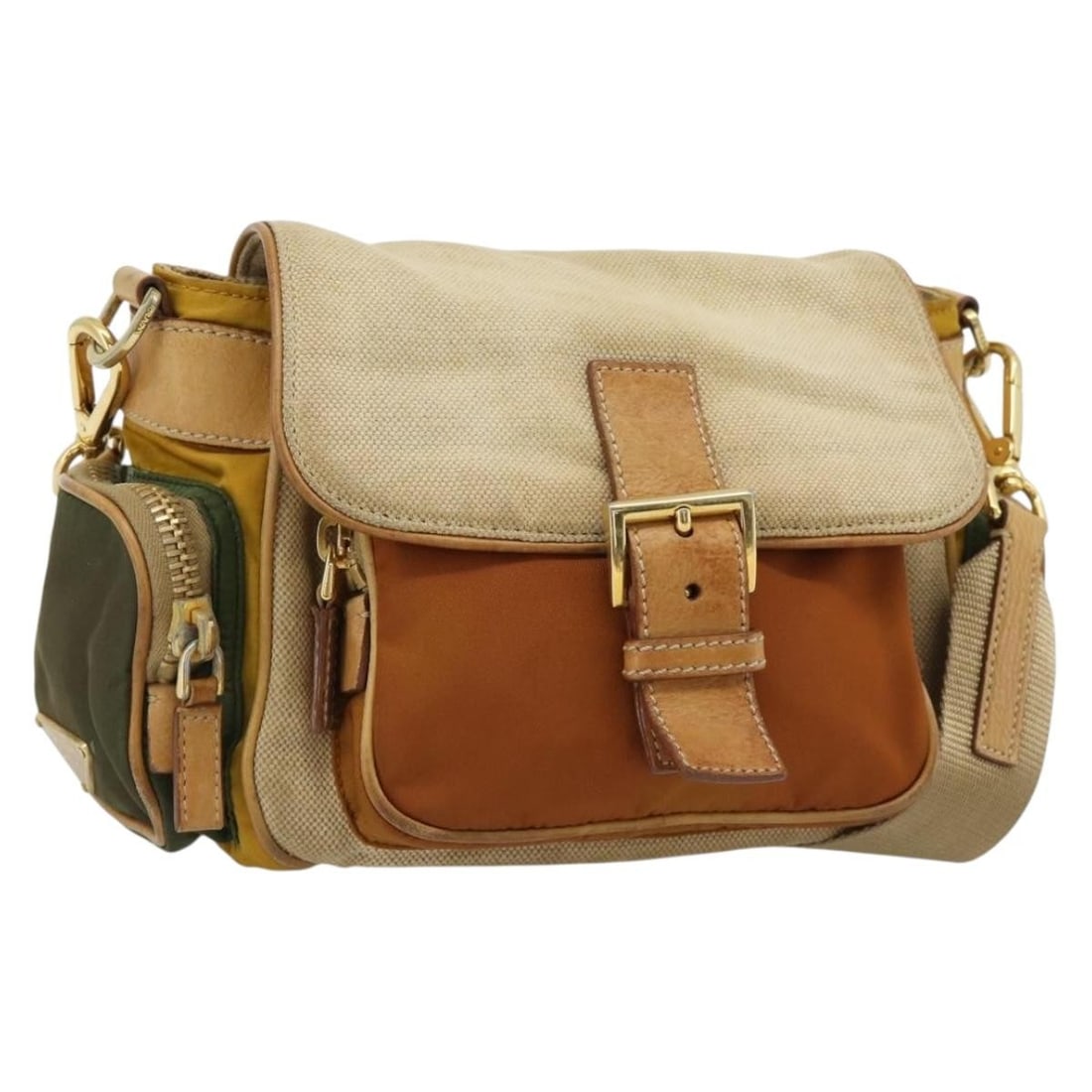 PRADA Nylon Shoulder Bag Beige Gold Womens Italy: PRADA Nylon Shoulder Bag Beige Gold Womens Italy Prada shoulder bag in beige and gold nylon, made in Italy. This women's bag has a heavily used condition with visible wear throughout, including loss o