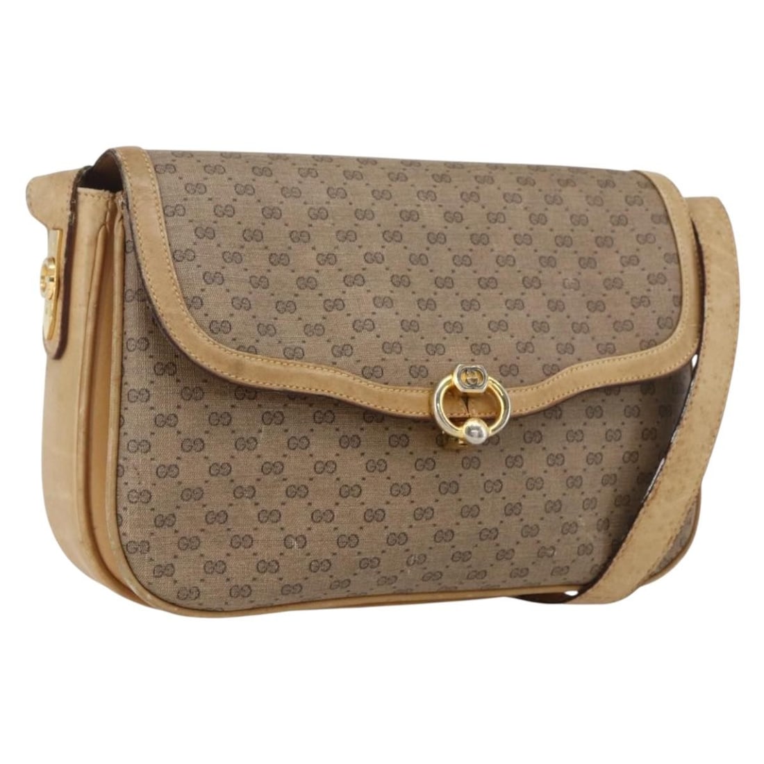 Beige Gold Gucci Micro GG Supreme PVC Leather Shoulder Bag Italy: Beige Gold Gucci Micro GG Supreme PVC Leather Shoulder Bag Italy This GUCCI Micro GG Supreme shoulder bag features a beige and gold exterior crafted from PVC leather and micro small GG canvas. Designe