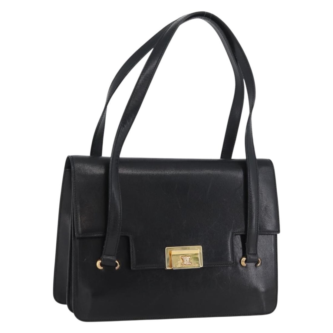 Celine Black Leather Handbag with Gold Accents Italy: Celine Black Leather Handbag with Gold Accents Italy This CELINE handbag is crafted from black leather with gold accents and is designed for women. Made in Italy, it features a structured silhouette w