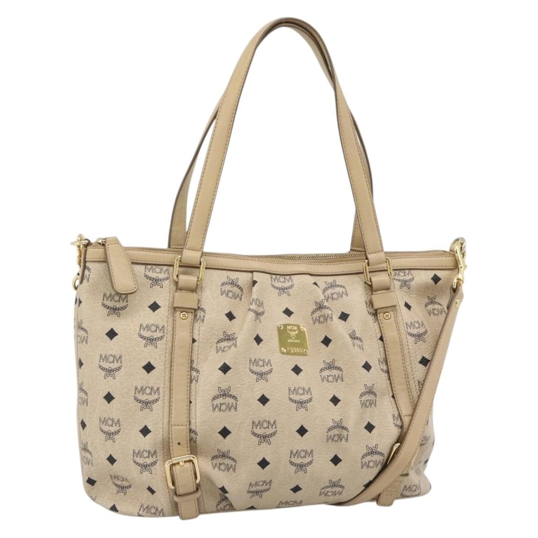 MCM Vicetos 2way Handbag Beige Gold PVC Leather with Shoulder Strap: MCM Vicetos 2way Handbag Beige Gold PVC Leather with Shoulder Strap MCM Vicetos logogram handbag in beige and gold, made from PVC leather. This 2-way handbag comes with a shoulder strap and was made i