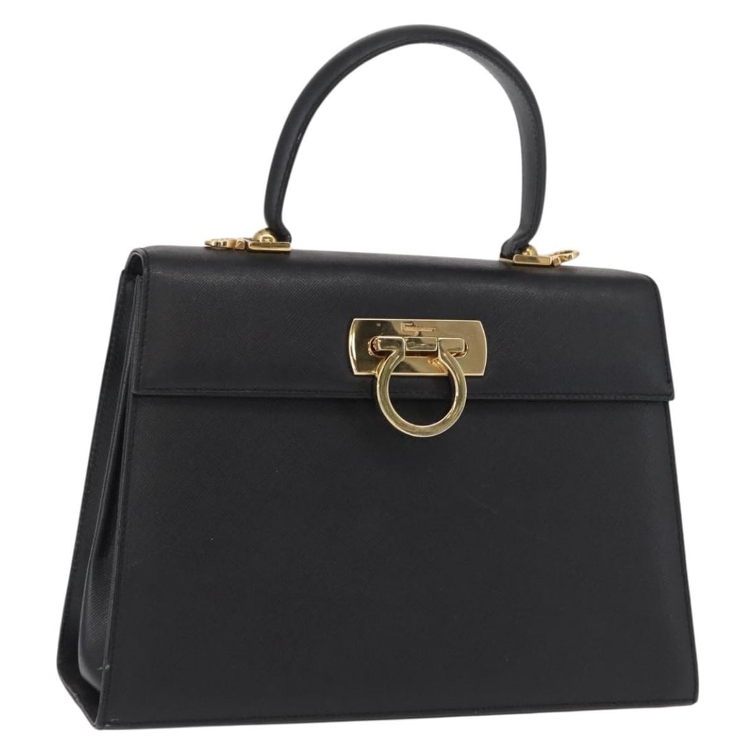 Black Leather Gancini Handbag by Salvatore Ferragamo Gold Tone Hardware: Black Leather Gancini Handbag by Salvatore Ferragamo Gold Tone Hardware This Salvatore Ferragamo Gancini handbag is crafted from black leather with gold-tone accents. Made in Italy, it features a comp