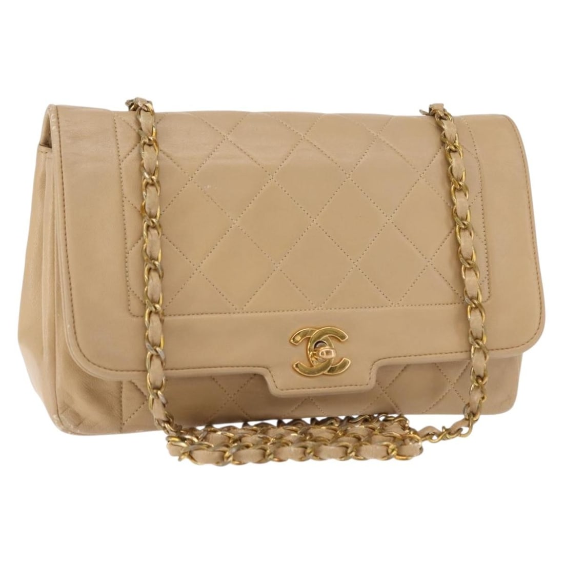 CHANEL CC Beige Lamb Skin Shoulder Bag with Chain Strap: CHANEL CC Beige Lamb Skin Shoulder Bag with Chain Strap CHANEL Matelasse chain shoulder bag crafted in beige lamb skin with gold-tone CC detailing. This women's shoulder bag includes the guarantee car