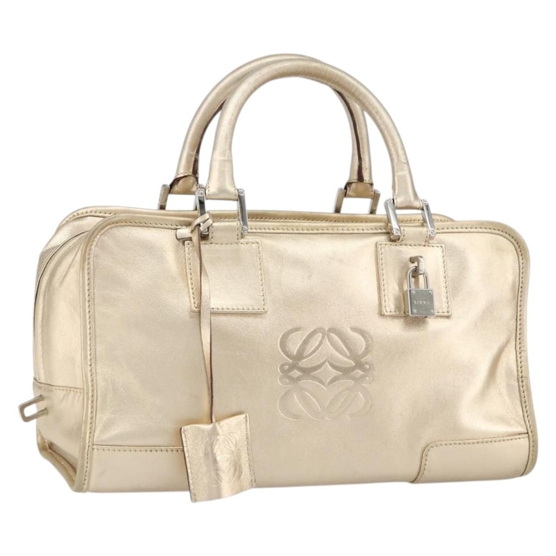 Loewe Anagram Americana Leather Handbag Gold Tone with Padlock Key Clochette: Loewe Anagram Americana Leather Handbag Gold Tone with Padlock Key Clochette LOEWE Anagram Americana 28 hand bag in gold tone leather, made in Spain. It comes with a padlock, two keys, and a clochette