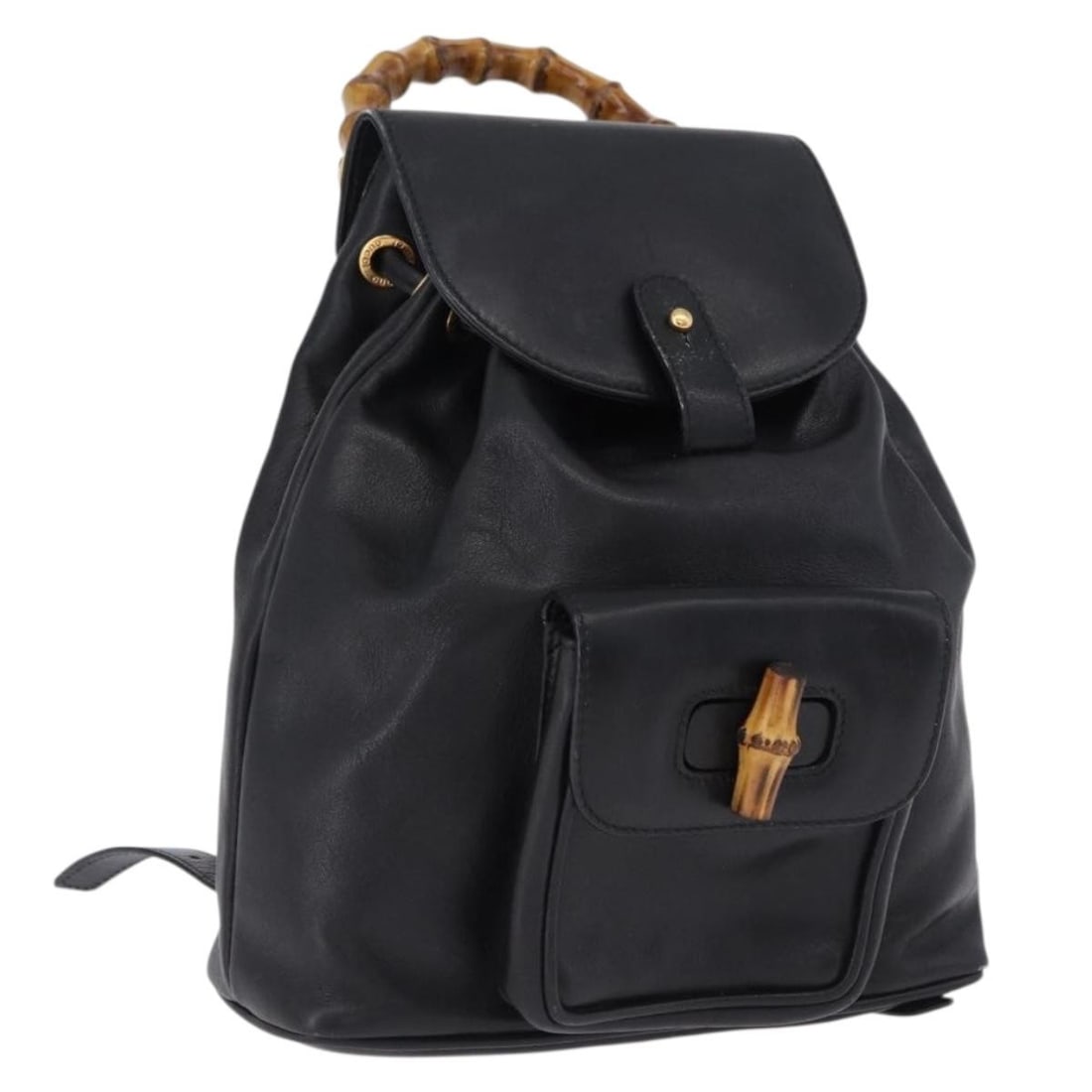 Gucci 003 1705 0030 black leather bamboo backpack Italy: Gucci 003 1705 0030 black leather bamboo backpack Italy Gucci Bamboo backpack in black leather with gold-tone hardware. Made in Italy, this backpack measures approximately 22 cm x 22 cm x 6 cm (8.7 x 