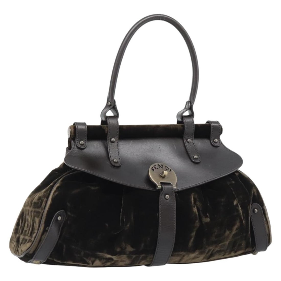 FENDI Velor Handbag Brown and Gold Made in Italy: FENDI Velor Handbag Brown and Gold Made in Italy Fendi women's handbag in brown and gold velor, made in Italy. The bag measures approximately 38 cm W x 23 cm H x 11 cm D, with a handle drop of approxi