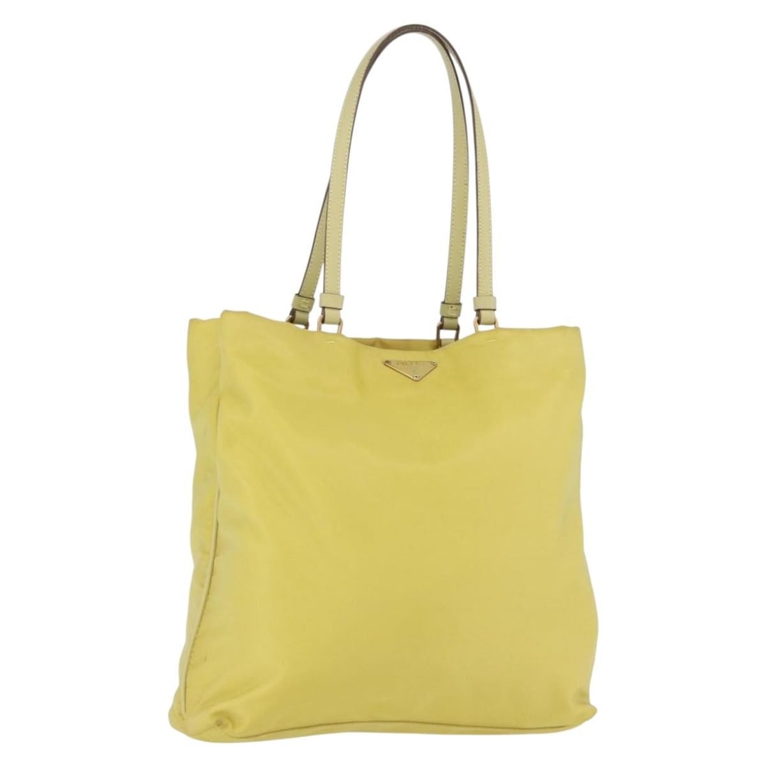 Prada yellow nylon tote bag Italy 11.8 inch handle drop 8.3 inch: Prada yellow nylon tote bag Italy 11.8 inch handle drop 8.3 inch This PRADA tote bag is crafted from nylon in a yellow and gold color combination. Designed for women, it features a spacious interior a