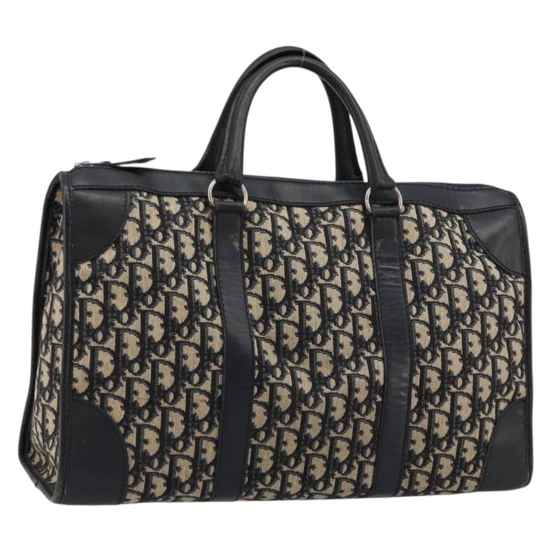 Dior Trotter Canvas Navy Silver Boston Bag: Dior Trotter Canvas Navy Silver Boston Bag This Christian Dior Boston bag features the iconic Trotter canvas in navy and silver tones. Designed for women, it offers a spacious interior with a classic 