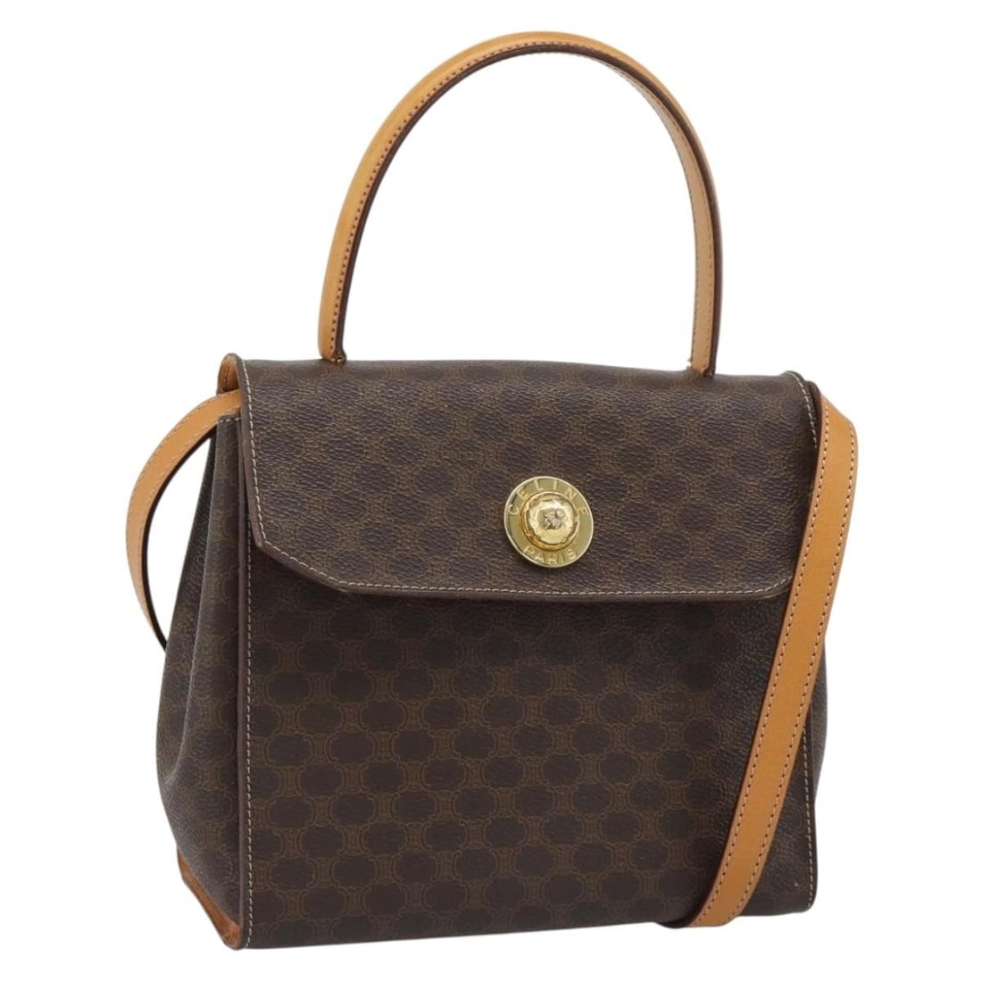 CELINE Macadam Canvas 2way Hand Bag Brown PVC Leather Shoulder Strap: CELINE Macadam Canvas 2way Hand Bag Brown PVC Leather Shoulder Strap CELINE Macadam Canvas Star Ball Hand Bag in brown and gold, made from PVC leather and Macadam canvas. This 2-way handbag includes a
