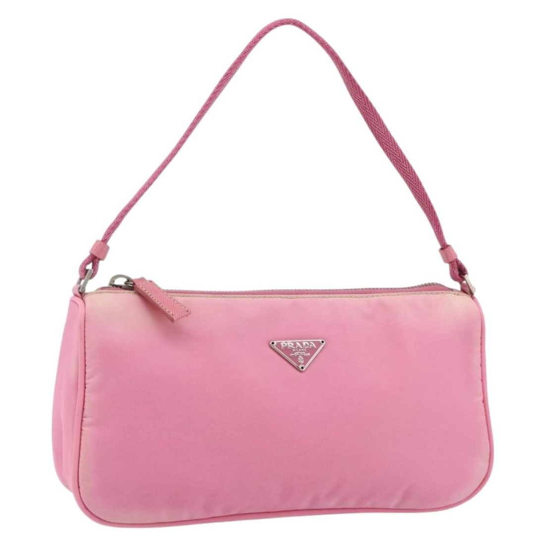 Prada Nylon Accessory Pouch Pink with Silver Tone Hardware: Prada Nylon Accessory Pouch Pink with Silver Tone Hardware Pink Prada nylon accessory pouch with silver-tone hardware, made in Italy. The pouch measures approximately W22 x H13 x D5 cm (W8.7 x H5.1 x 