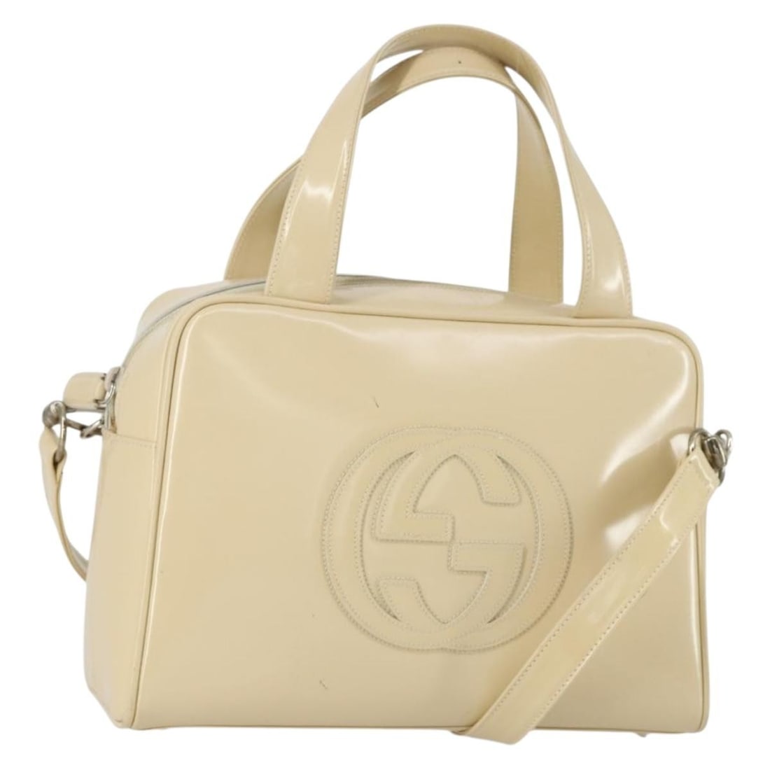 GUCCI Beige Silver Patent Leather 2way Hand Bag 000 1274 0505 Auth: GUCCI Beige Silver Patent Leather 2way Hand Bag 000 1274 0505 Auth This authentic GUCCI handbag combines elegance and practicality with its chic patent leather exterior in a stylish beige and silver c