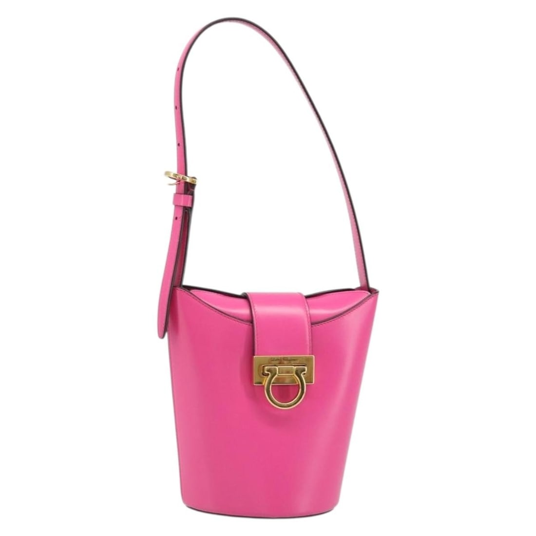 Salvatore Ferragamo Pink Leather Gancini Shoulder Bag with Dust Bag: Salvatore Ferragamo Pink Leather Gancini Shoulder Bag with Dust Bag This Salvatore Ferragamo Gancini shoulder bag is crafted from pink leather with gold-tone accents. Designed for women, it features a