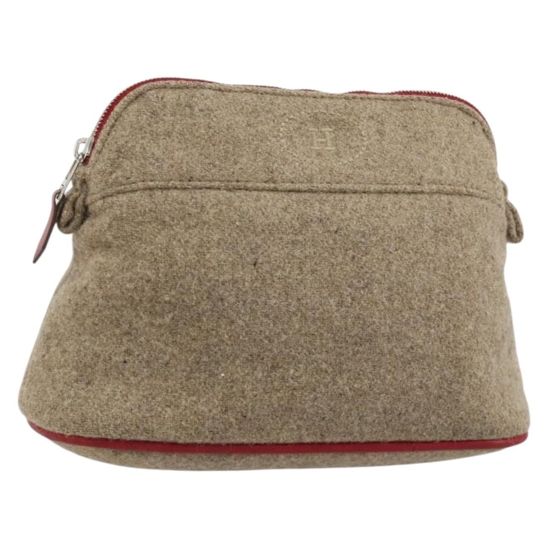 Hermes Wool Pouch in Beige and Silver Made in France: Hermes Wool Pouch in Beige and Silver Made in France Hermes Bolide pouch in beige and silver wool, made in France. This women's pouch shows heavy use, with an out-of-shape exterior, rubbing, slight st