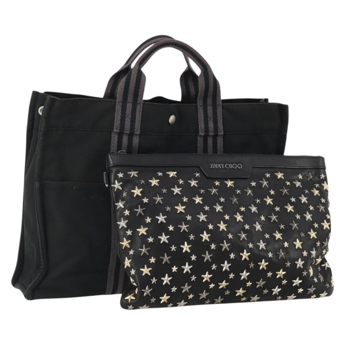 Set of Two Jimmy Choo Black Gray Leather Canvas Tote Bags for Women: Set of Two Jimmy Choo Black Gray Leather Canvas Tote Bags for Women This is a set of two Jimmy Choo tote bags crafted from black and gray leather and canvas. Designed for women, these bags are made in
