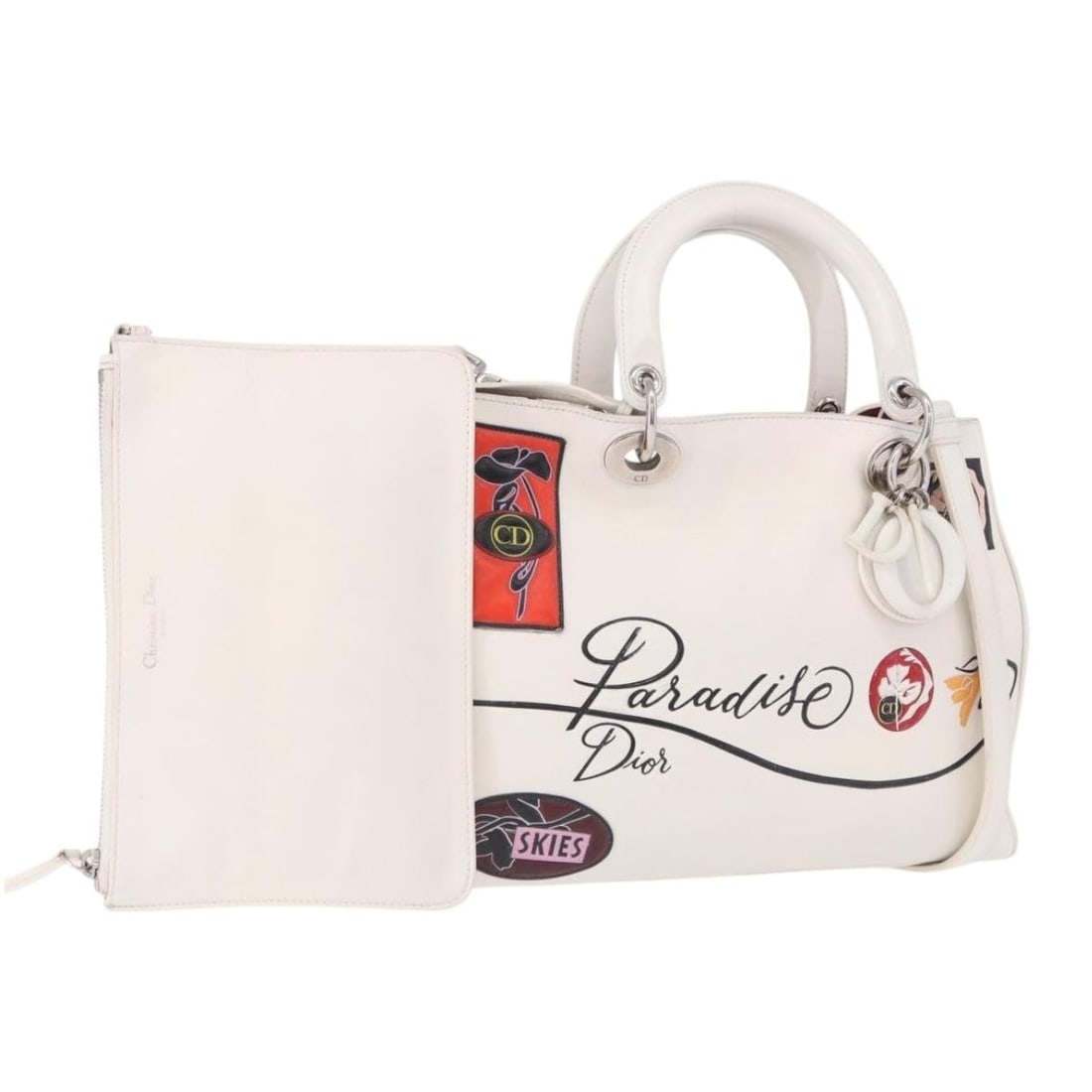 Christian Dior White Silver Leather 2way Handbag with Strap Pouch Charm: Christian Dior White Silver Leather 2way Handbag with Strap Pouch Charm Christian Dior leather hand bag in white and silver, made in Italy. This 2-way style includes a shoulder strap, pouch, and charm