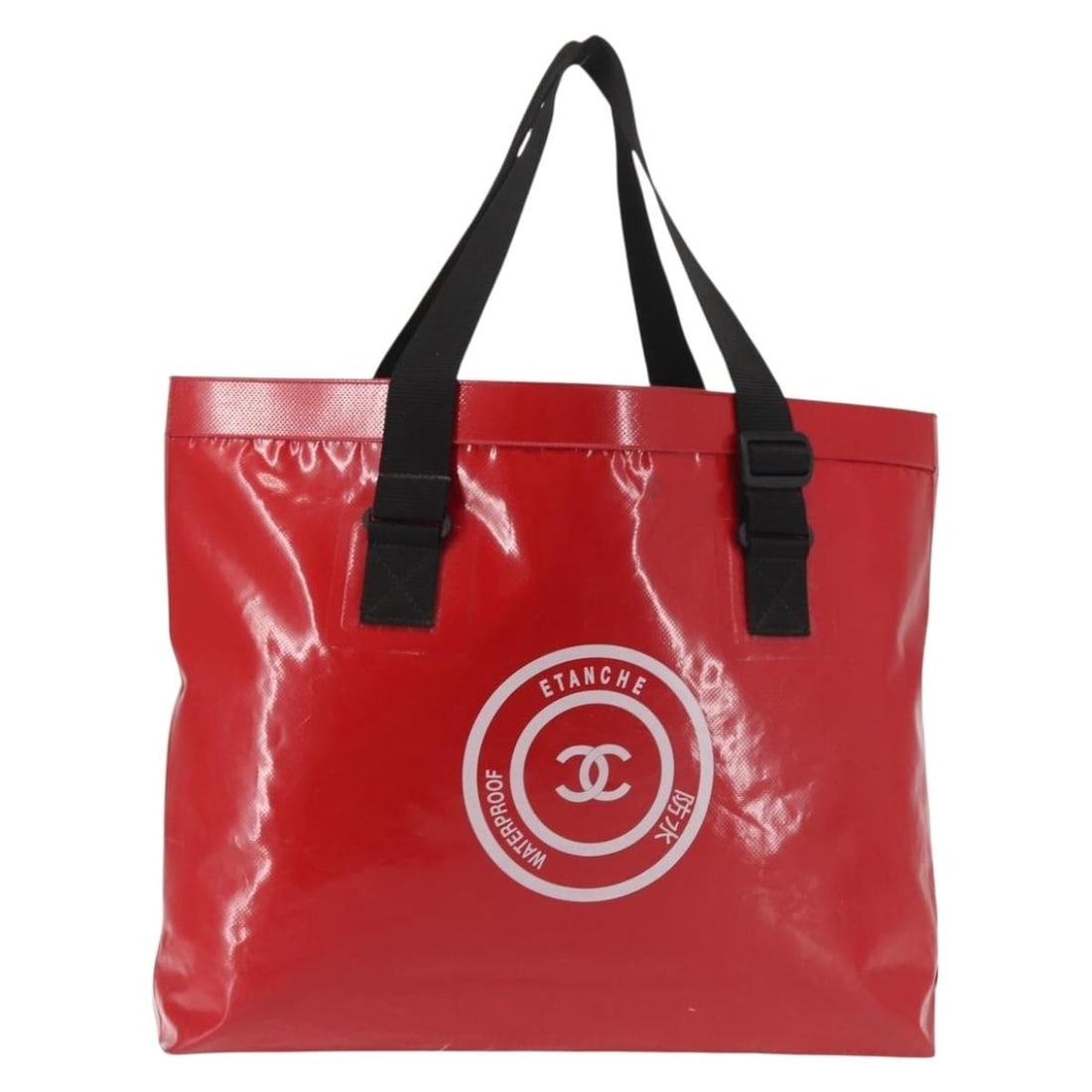 Red Vinyl Tote Bag CHANEL Etanche CC: Red Vinyl Tote Bag CHANEL Etanche CC A CHANEL Etanche waterproof tote bag in red vinyl, designed for women. It features a structured tote silhouette with a handle drop of approximately 11 inches (28 c