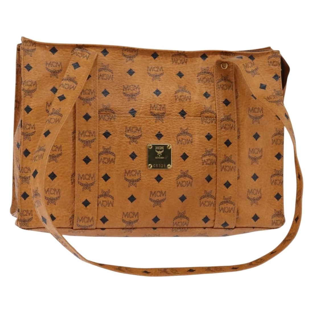 MCM Logogram Vicetos Tote Bag PVC Leather Brown Gold Auth 17.3in Handle Drop: MCM Logogram Vicetos Tote Bag PVC Leather Brown Gold Auth 17.3in Handle Drop This MCM Logogram Vicetos Tote Bag showcases a stylish blend of brown and gold colors, crafted from durable PVC leather. Th