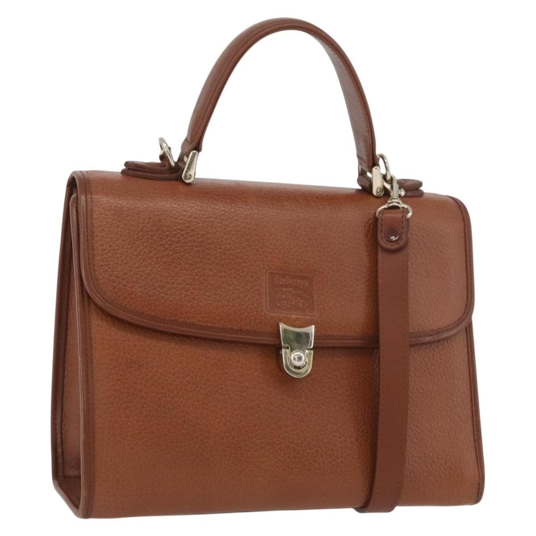 Burberrys Brown Leather Convertible Handbag with Shoulder Strap Silver Accents: Burberrys Brown Leather Convertible Handbag with Shoulder Strap Silver Accents This Burberrys women's handbag offers versatile 2-way carrying options, crafted from brown leather with silver-tone accen