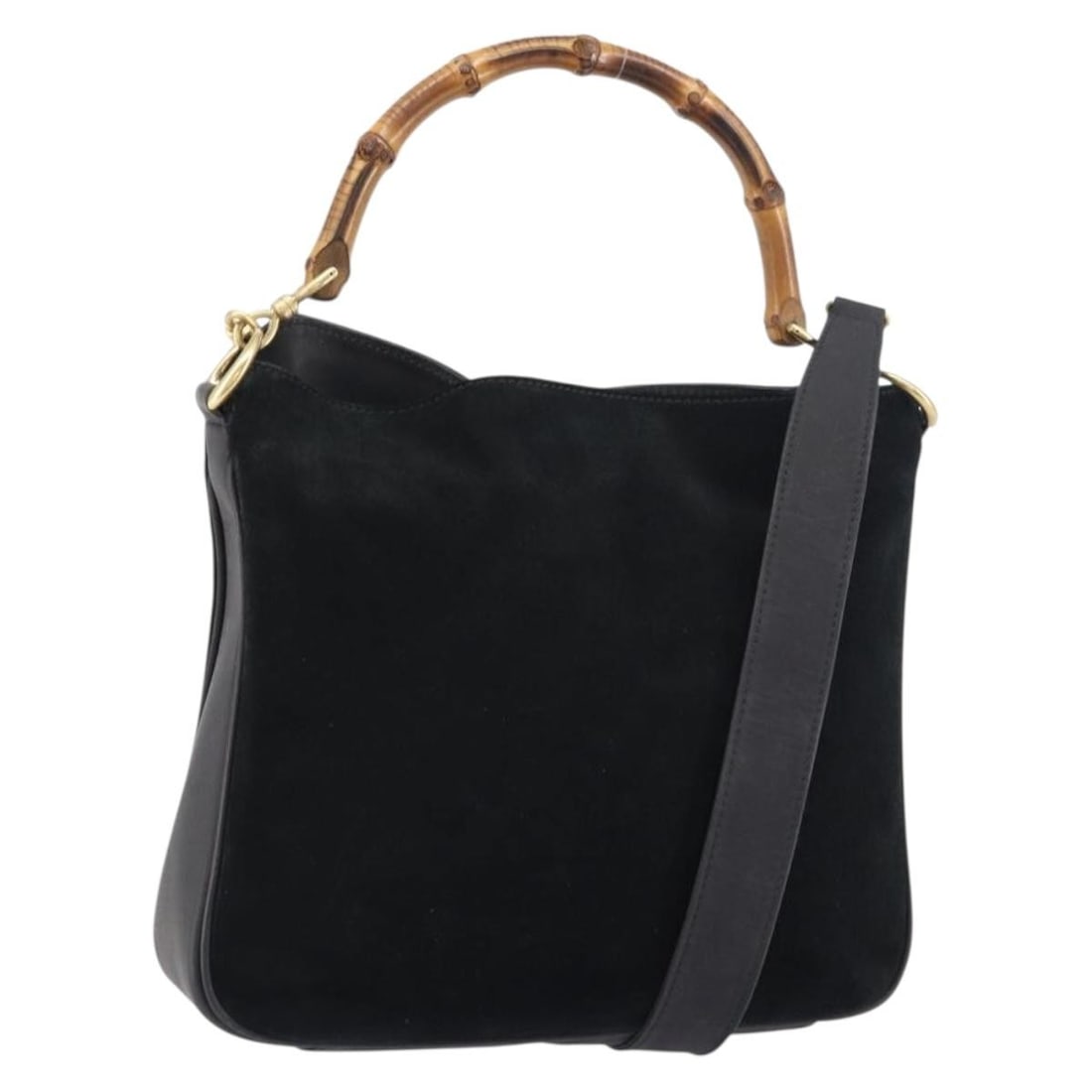GUCCI Bamboo Suede Hand Bag Black Gold 001 2404 1638 Authentic: GUCCI Bamboo Suede Hand Bag Black Gold 001 2404 1638 Authentic This authentic GUCCI Bamboo Hand Bag showcases an elegant blend of black suede and gold accents, embodying luxury and style. The bag feat
