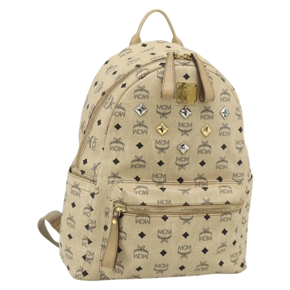 MCM Beige Gold Vicetos Logogram PVC Leather Backpack: MCM Beige Gold Vicetos Logogram PVC Leather Backpack MCM Vicetos logogram backpack in beige and gold, made of PVC leather. This backpack was made in Korea and measures approximately 32 cm wide, 40 cm 