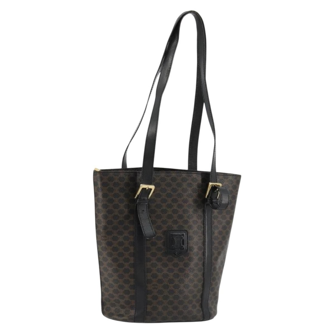 CELINE Macadam Tote Bag in Black PVC Leather: CELINE Macadam Tote Bag in Black PVC Leather Celine Macadam canvas tote bag in black and gold with PVC leather trim. Made in Italy, this women's tote features a compact structured silhouette with an a