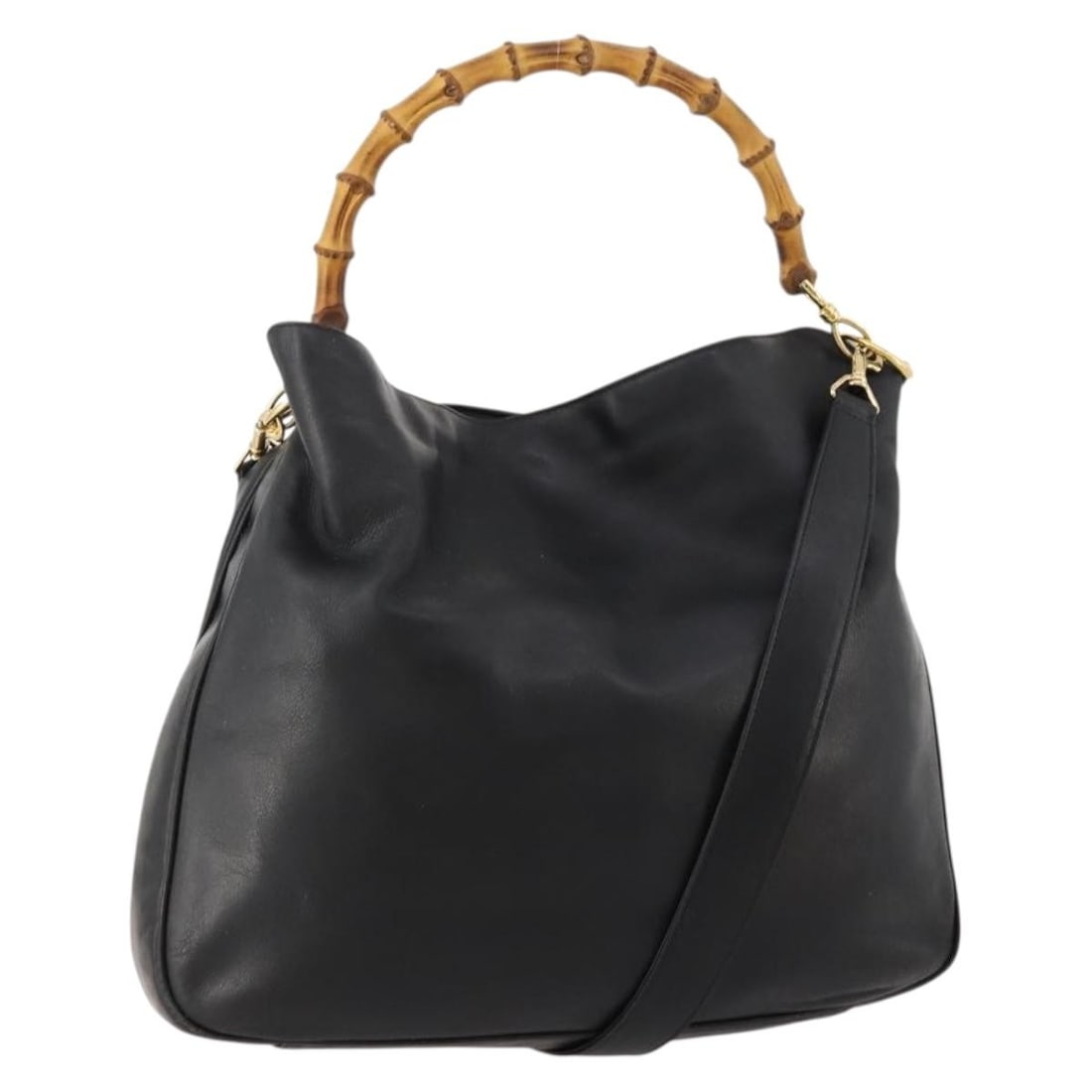 Gucci Black Leather Bamboo 2way Shoulder Bag with Gold Tone Hardware: Gucci Black Leather Bamboo 2way Shoulder Bag with Gold Tone Hardware This is a GUCCI Bamboo shoulder bag designed for women, crafted from black and gold leather. The bag features a 2-way style with bo