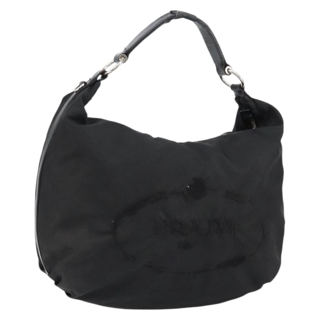 PRADA Black Nylon Shoulder Bag with Silver Accents Authentic: PRADA Black Nylon Shoulder Bag with Silver Accents Authentic This PRADA shoulder bag combines a sleek design with functional features, making it an ideal accessory for everyday use. Crafted in Italy, 