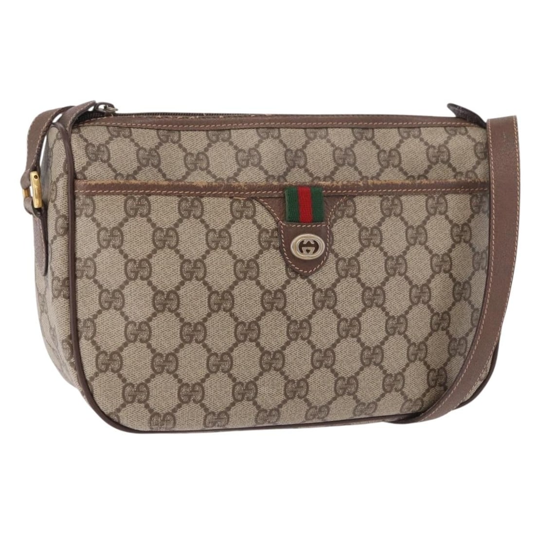Gucci 89 02 077 GG Supreme Sherry Web Shoulder Bag Beige PVC Leather: Gucci 89 02 077 GG Supreme Sherry Web Shoulder Bag Beige PVC Leather Gucci shoulder bag from the GG Supreme Web Sherry Line in beige and gold. It is made in Italy with PVC leather and GG canvas, and f