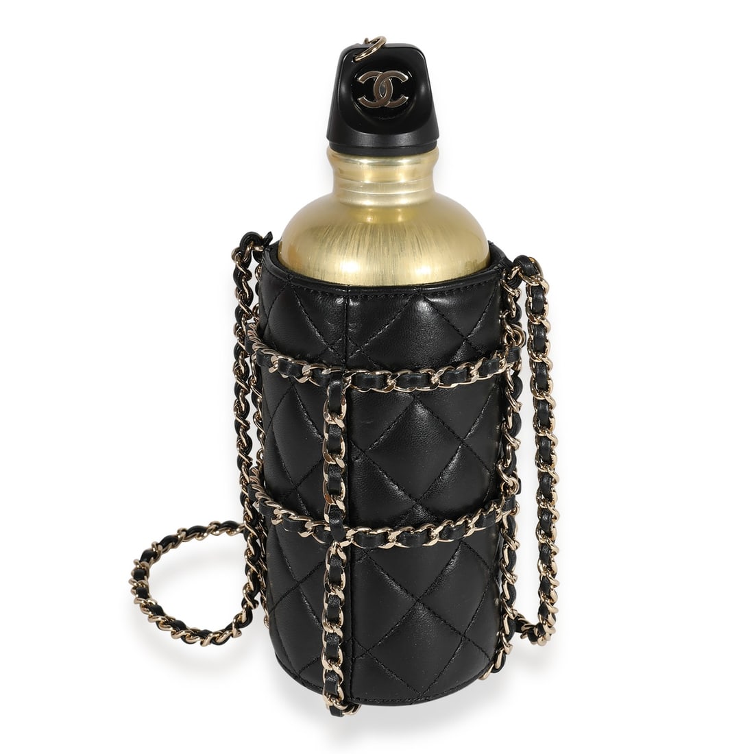 Chanel black lambskin water bottle holder with gold metal bottle: Chanel black lambskin water bottle holder with gold metal bottle This Chanel water bottle holder features a gold metal water bottle paired with a black quilted lambskin leather holder. The holder is d
