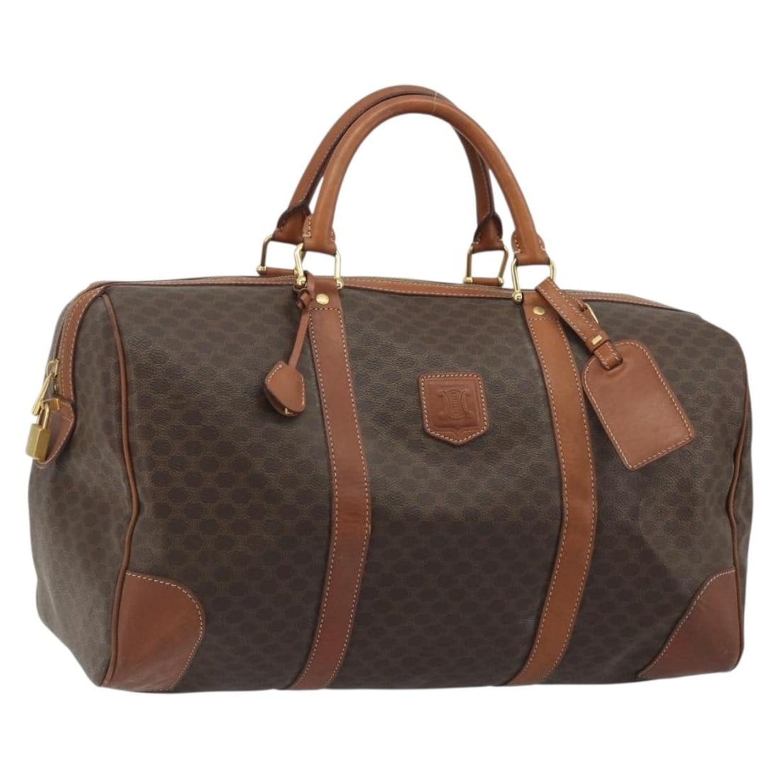 CELINE Macadam Boston Bag Brown PVC Leather with Padlock Key: CELINE Macadam Boston Bag Brown PVC Leather with Padlock Key CELINE Boston bag in brown and gold PVC leather with Macadam canvas. Made in Italy, this women's bag features a handle drop of approximatel