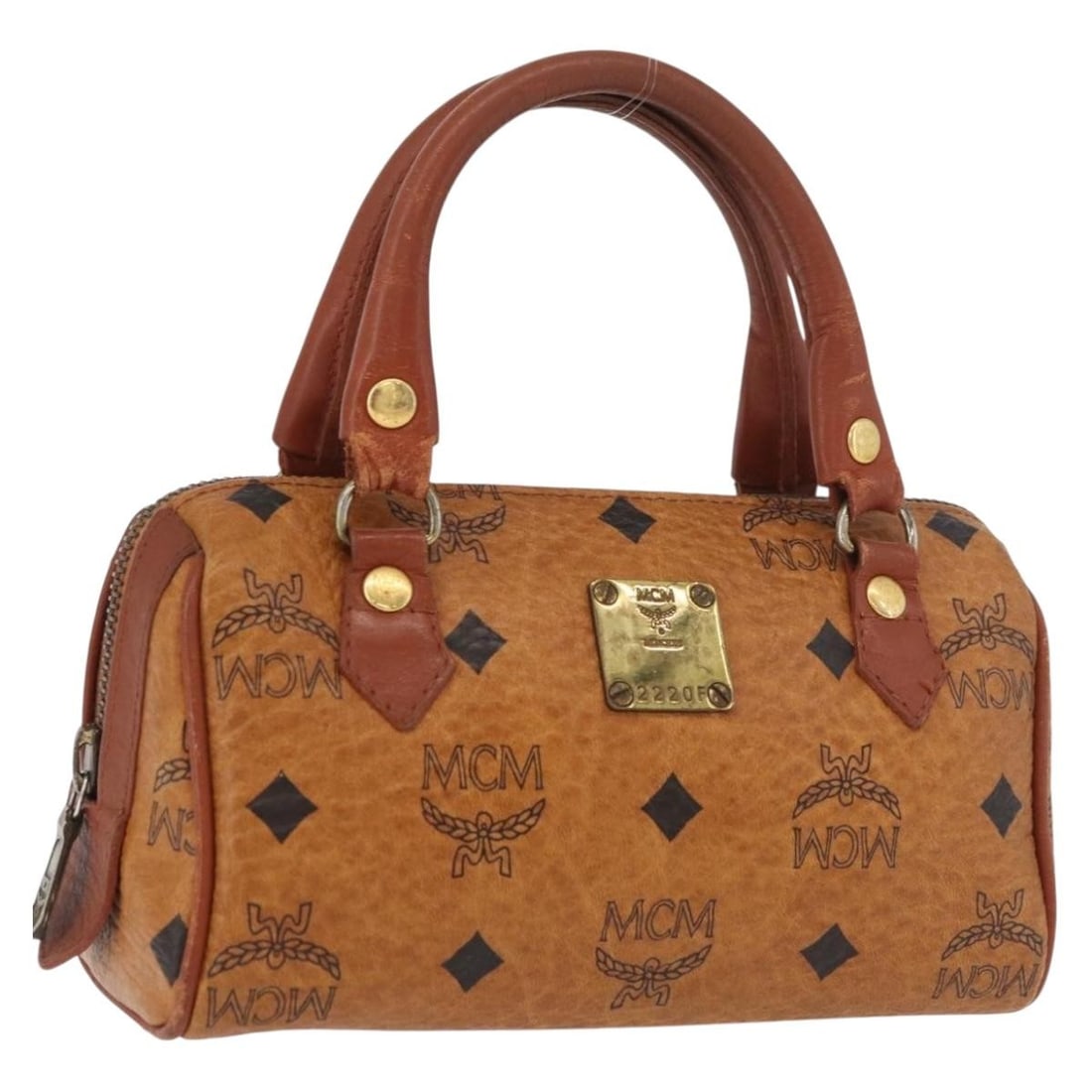 MCM Vicetos Brown Gold PVC Leather Boston Bag Auth: MCM Vicetos Brown Gold PVC Leather Boston Bag Auth This MCM Vicetos Mini Logogram Boston Bag features a compact design crafted from PVC leather in brown and gold tones. The bag is made in Germany and 