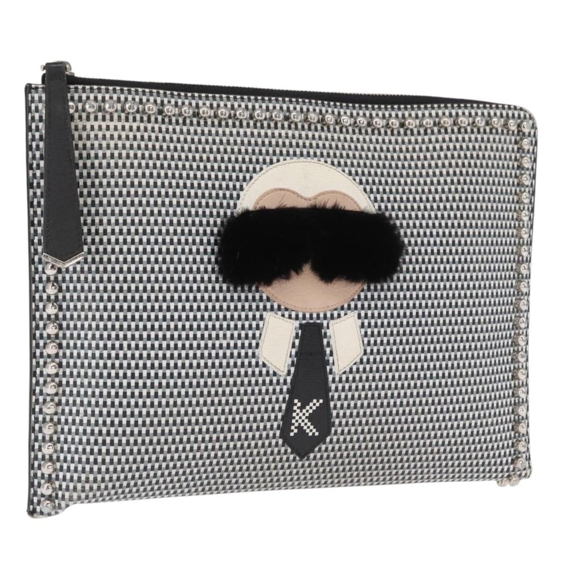 Fendi Karlito Black Silver Leather Clutch Purse from Italy: Fendi Karlito Black Silver Leather Clutch Purse from Italy This is a FENDI KARLITO clutch bag crafted from black and silver leather. Made in Italy, this compact and stylish clutch features a minimalis