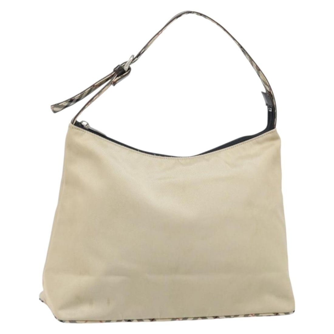 Beige Nylon Shoulder Purse by Burberry with Silver Accents: Beige Nylon Shoulder Purse by Burberry with Silver Accents This Burberry shoulder bag features a beige and silver nylon exterior with a practical and stylish design. The bag has a spacious interior an