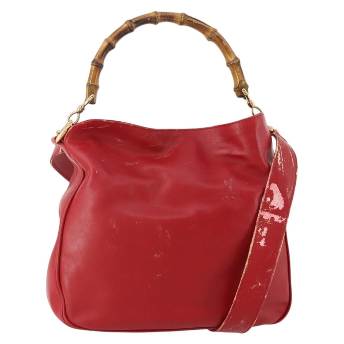 GUCCI 001 1638 red leather bamboo 2way shoulder bag: GUCCI 001 1638 red leather bamboo 2way shoulder bag GUCCI Bamboo Shoulder Bag in leather, presented in red with gold-tone details. This 2-way style includes a shoulder strap and is made in Italy. The 