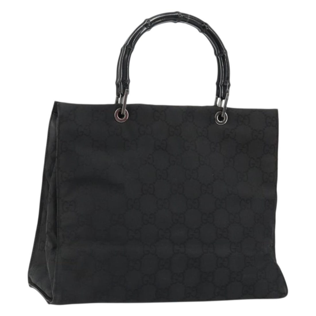 Gucci Bamboo Handle Tote in Black GG Canvas Silver Tone 002 1010 2404: Gucci Bamboo Handle Tote in Black GG Canvas Silver Tone 002 1010 2404 Gucci GG Canvas Bamboo Tote Bag in black and silver, made in Italy. This tote bag is crafted from GG canvas and features a black/s