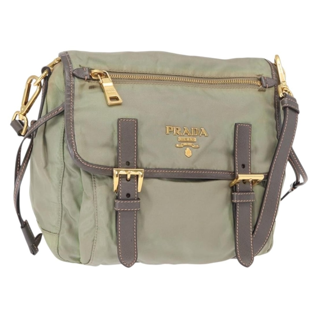 PRADA Nylon Shoulder Bag Green Gold Tone with Guarantee Card: PRADA Nylon Shoulder Bag Green Gold Tone with Guarantee Card A Prada shoulder bag in green nylon with gold-tone metal fittings. It comes with a guarantee card and was made in Italy. The bag is describ