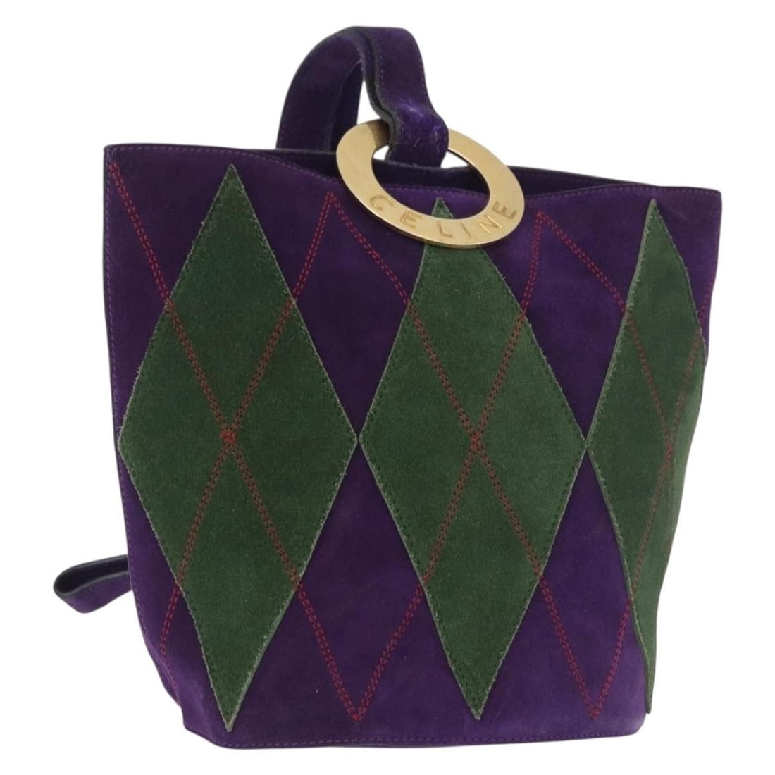CELINE suede shoulder bag in purple green with gold tone: CELINE suede shoulder bag in purple green with gold tone Celine circle shoulder bag in purple, green, and gold suede. Made in Italy, this women's shoulder bag is offered in heavily used condition with