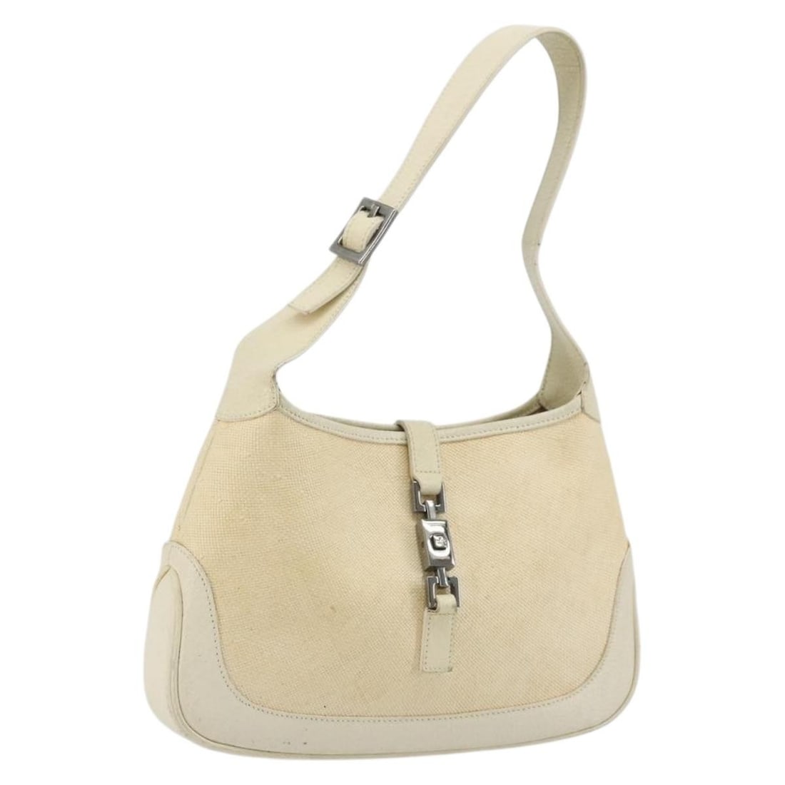 Gucci Jackie beige silver coated canvas shoulder bag 001 3735: Gucci Jackie beige silver coated canvas shoulder bag 001 3735 This Gucci Jackie shoulder bag features a beige and silver coated canvas exterior with a classic silhouette. The bag is designed for women