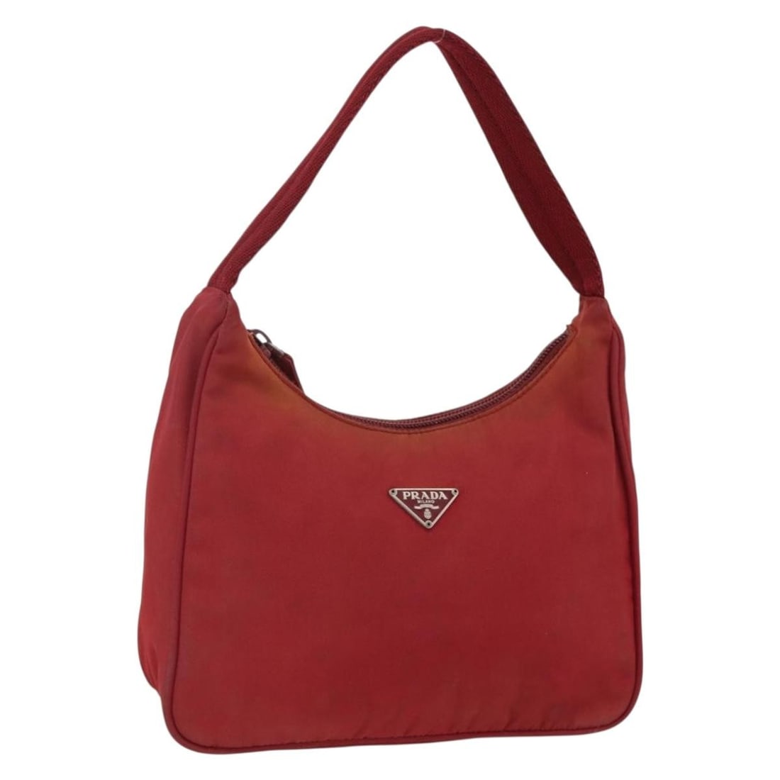 Red Nylon Prada Handbag with Silver Tone Hardware: Red Nylon Prada Handbag with Silver Tone Hardware This Prada handbag is crafted from red nylon with silver-tone accents. Designed for women, it features a compact silhouette with approximate dimension