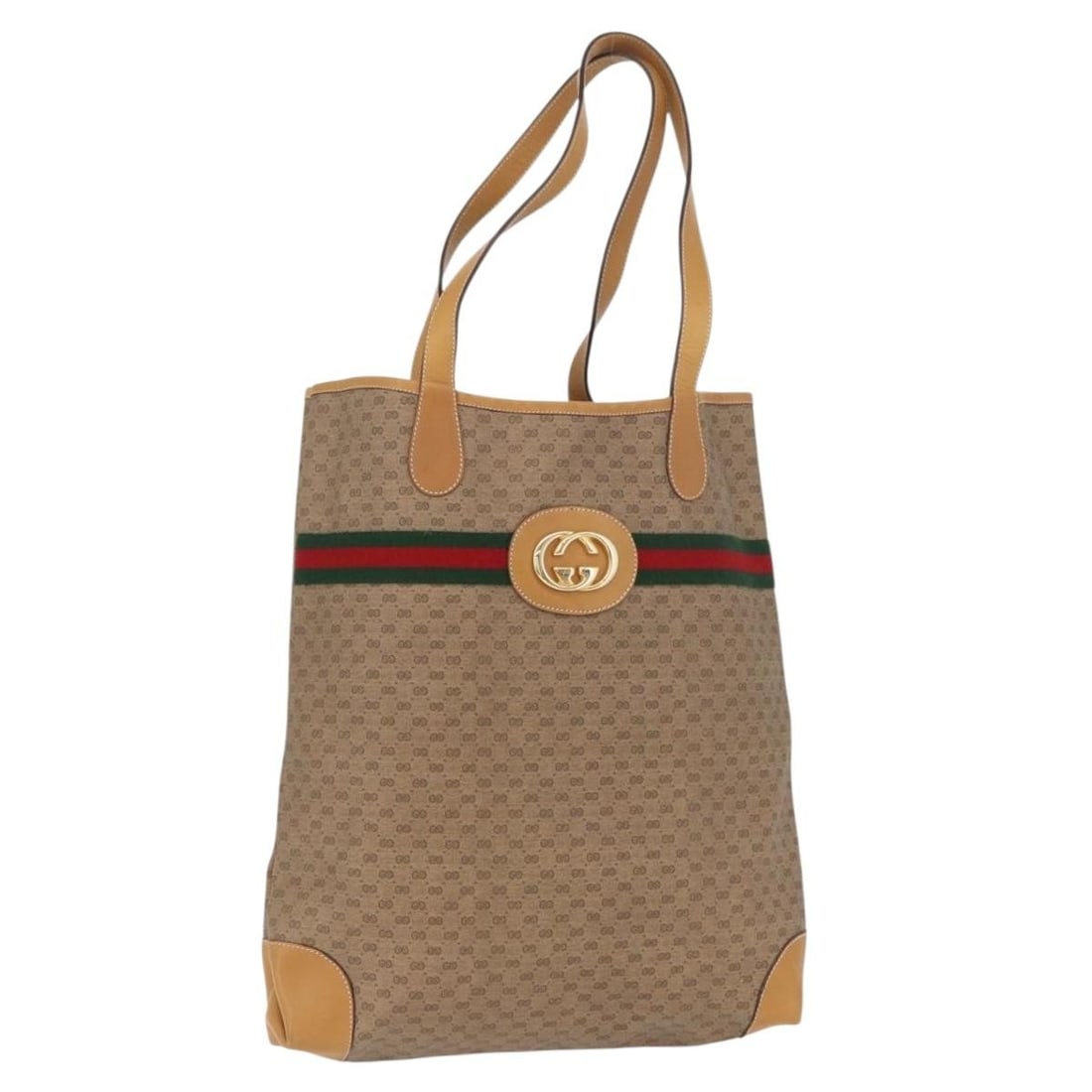 Gucci Micro GG Supreme Beige PVC Tote Bag with Web Stripe Italy: Gucci Micro GG Supreme Beige PVC Tote Bag with Web Stripe Italy This is a Gucci Micro GG Supreme Web Sherry Line tote bag crafted from beige PVC leather and micro small GG canvas, featuring gold-tone 