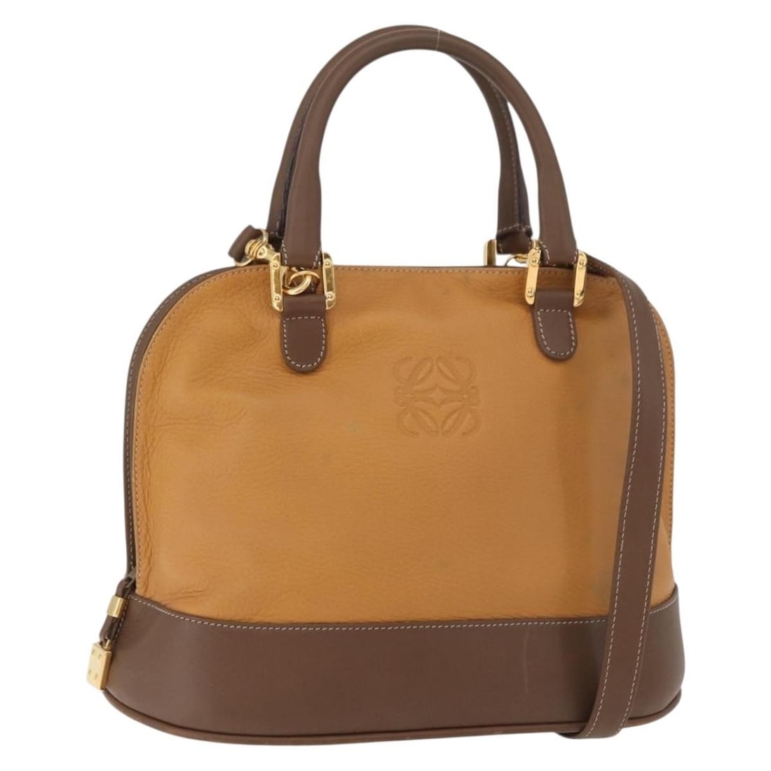 LOEWE Anagram Leather 2way Handbag Brown with Dust Bag Strap: LOEWE Anagram Leather 2way Handbag Brown with Dust Bag Strap LOEWE Anagram hand bag in brown and gold leather, made in Spain. This 2-way style comes with a dust bag and shoulder strap. The bag measure