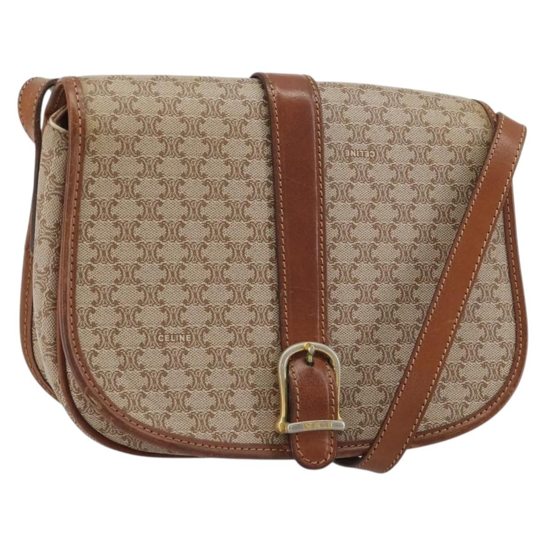 CELINE Macadam Shoulder Bag Beige PVC Leather Gold Tone: CELINE Macadam Shoulder Bag Beige PVC Leather Gold Tone A CELINE shoulder bag in beige and gold, made from PVC leather and Macadam canvas. It is a women's bag crafted in Italy and measures approximate