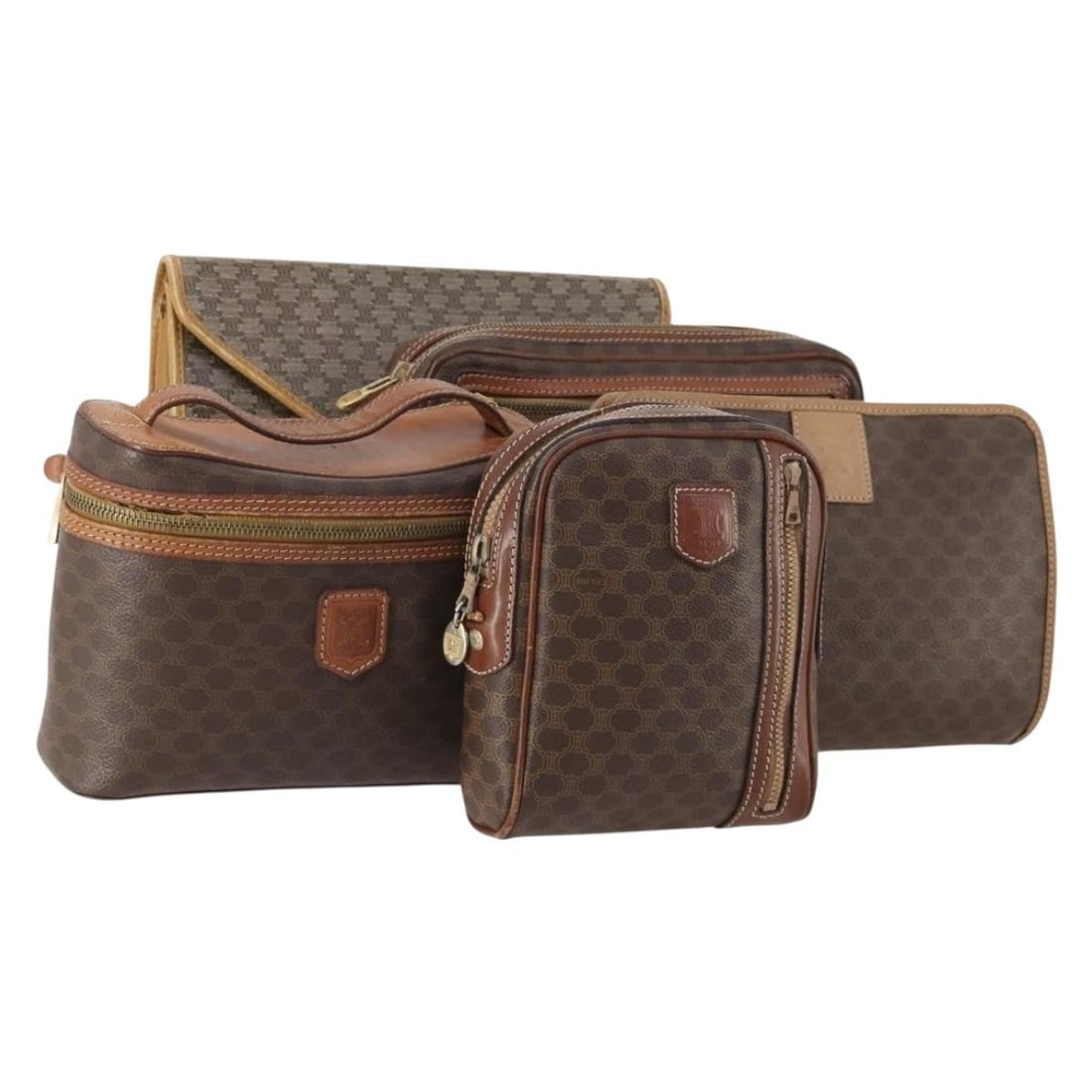 Set of 5 Celine Macadam Canvas Brown Gold Clutch Bags PVC Leather: Set of 5 Celine Macadam Canvas Brown Gold Clutch Bags PVC Leather This is a Celine clutch bag set featuring the iconic Macadam canvas and PVC leather in brown and gold tones. The set includes five clu