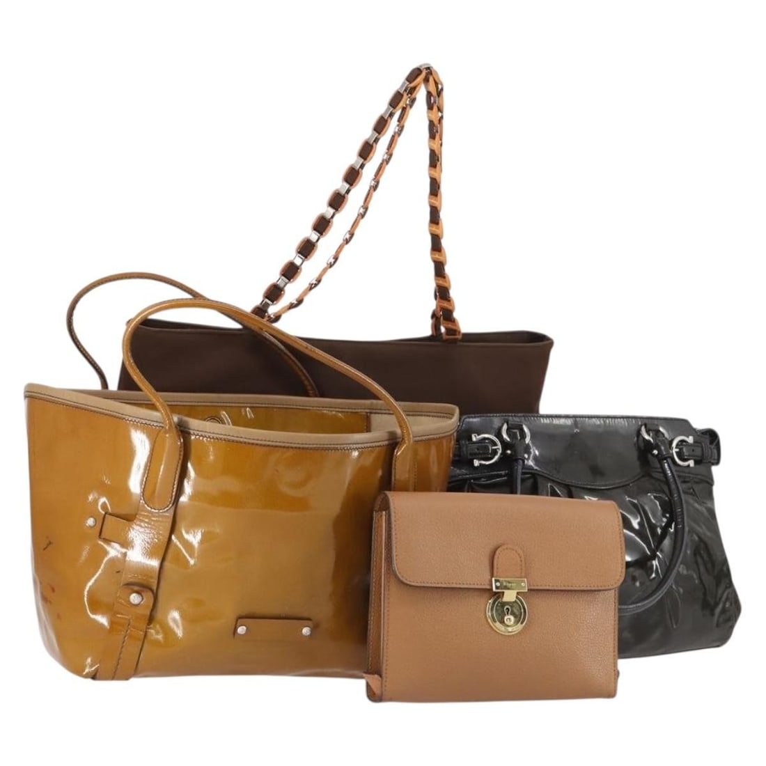 Salvatore Ferragamo Brown Black PVC Leather Tote Handbag: Salvatore Ferragamo Brown Black PVC Leather Tote Handbag Salvatore Ferragamo tote bag in brown and black PVC leather. The item is described as a 4-set and is offered in heavily used condition. No item