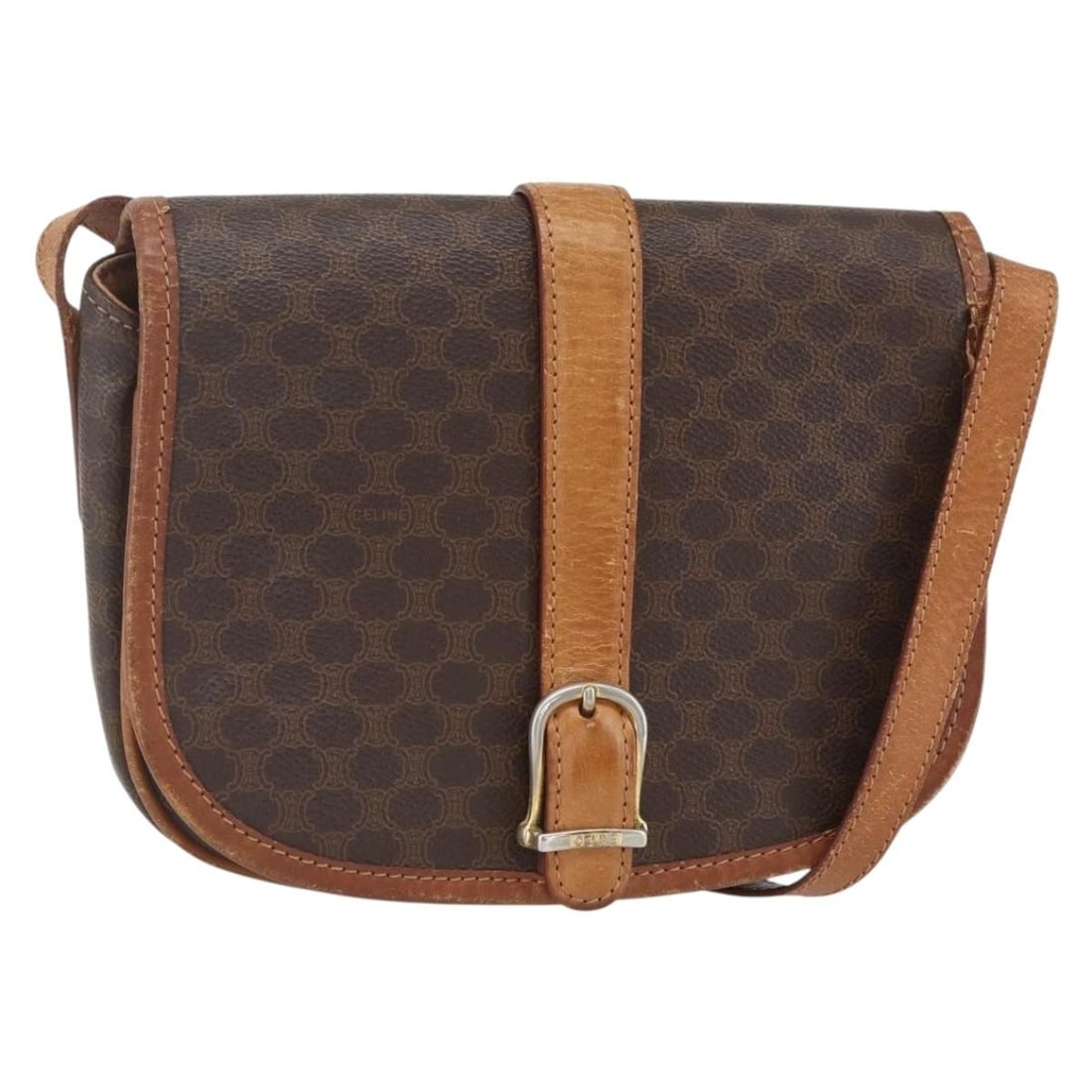 CELINE Macadam Shoulder Bag Brown PVC Leather Gold Tone: CELINE Macadam Shoulder Bag Brown PVC Leather Gold Tone A CELINE Macadam Canvas shoulder bag in brown and gold, made in Italy from PVC leather and Macadam canvas. It measures approximately 21 cm wide,