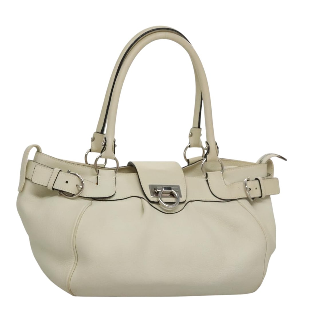 White Silver Leather Hand Bag Salvatore Ferragamo Gancini: White Silver Leather Hand Bag Salvatore Ferragamo Gancini Salvatore Ferragamo Gancini handbag in white and silver leather, made in Italy. This women's handbag includes a dust bag and shows heavy use w