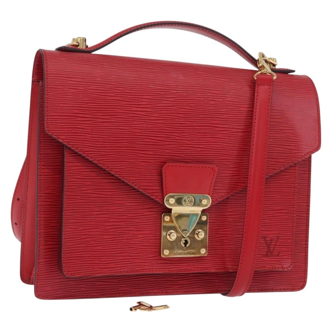 Louis Vuitton Monceau 28 Epi Leather Red Shoulder Handbag with Keys: Louis Vuitton Monceau 28 Epi Leather Red Shoulder Handbag with Keys This Louis Vuitton Monceau 28 handbag features red Epi leather with a structured silhouette. Designed for women, it includes a top h