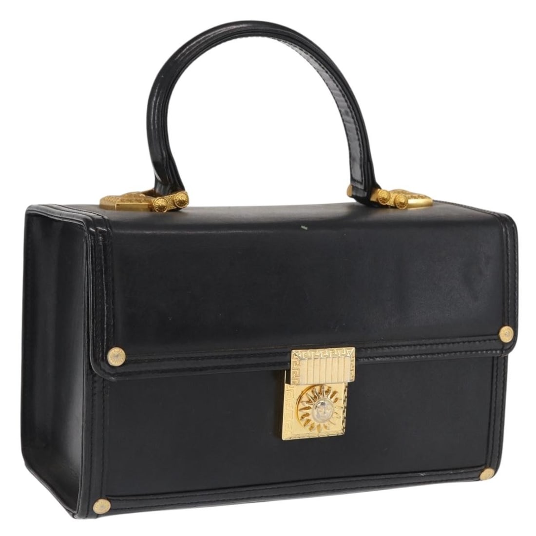 Versace black leather handbag with gold tone hardware: Versace black leather handbag with gold tone hardware Black and gold leather handbag in a heavily used condition. Made in Italy, it is described as a hand bag with black and gold coloring and leather 