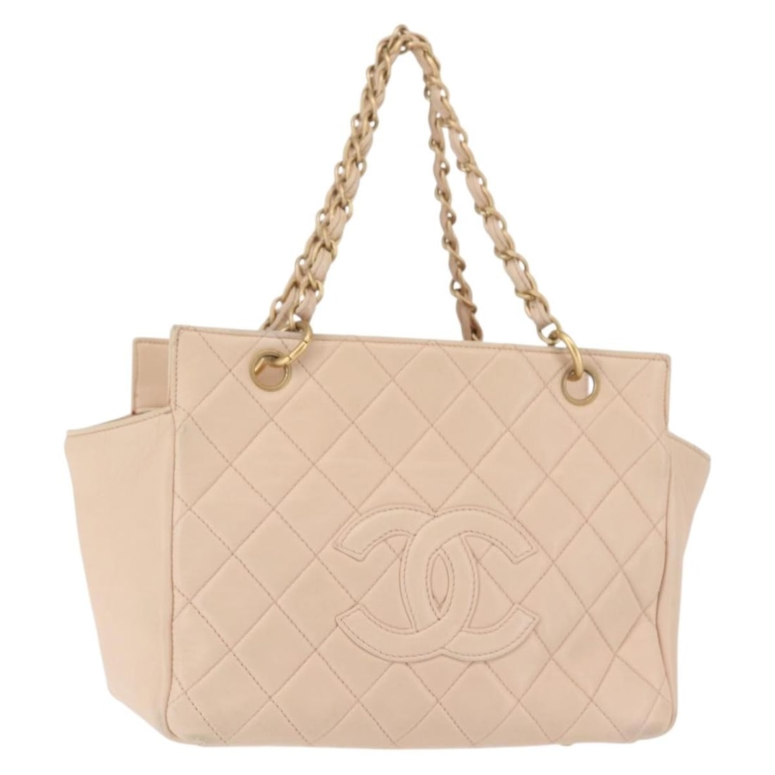 CHANEL Matelasse COCO Mark Beige Lambskin Hand Bag Auth 142686: CHANEL Matelasse COCO Mark Beige Lambskin Hand Bag Auth 142686 This CHANEL Matelasse COCO Mark Chain Hand Bag is a sophisticated addition to any wardrobe. Crafted from luxurious lamb skin in a classic