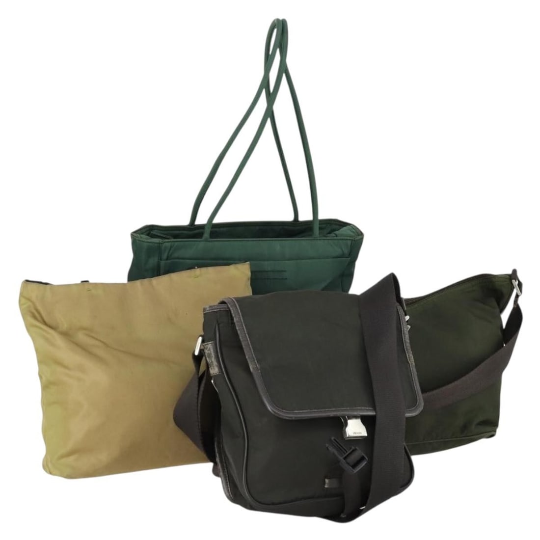 Prada Beige Khaki Nylon Shoulder Bag 4 Set Auth 156743: Prada Beige Khaki Nylon Shoulder Bag 4 Set Auth 156743 This PRADA shoulder bag bundle includes four nylon bags in beige and khaki tones, designed for women. The set is heavily used, with notable signs